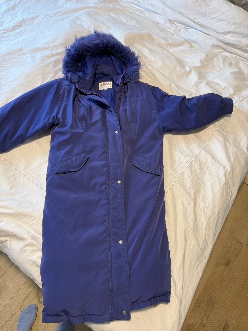 Long Women's Hooded Puffer Coat with Faux Fur Trim - purple